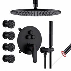 Vanfoxle Chrome Shower System, 10” Rain Shower Head, 4 Body Jets & 2-in-1 Handheld
