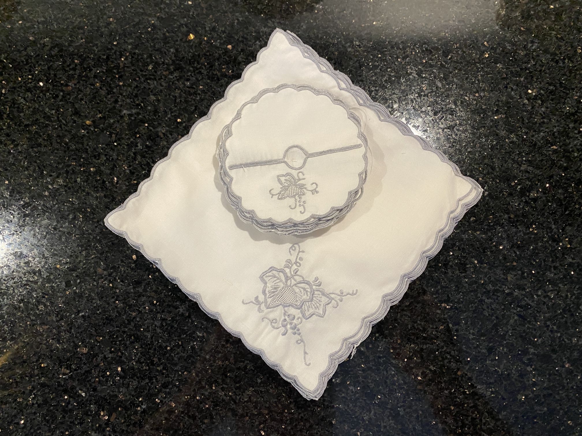 12 Hand Embroidered Cocktail Napkins 6x6” & Matching Coasters 3.5” White & Grey