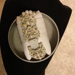 Antique Solid Goldtone Bracelet Coated In White/ With Pearls And Crystals