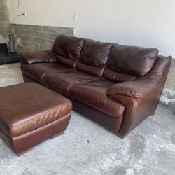 Leather Chestnut Sofa With Ottoman - Free Delivery 