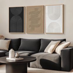 Large Framed Black and White Neutral Abstract Wall Art for Living Room, 3 Piece Boho Canvas Prints Paintings Artwork for Walls, Minimalist Geometric P