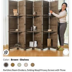 New! Coffee brown 6 panel room divider with shelves. Real wood. New!