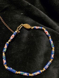Vintage Chinese Cloisonné Beaded Bracelet featuring blue enamel pink and white floral motifs