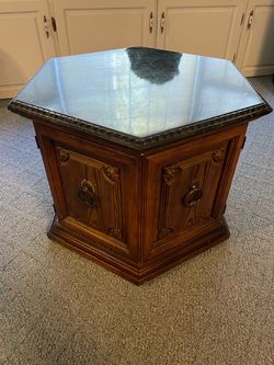 Vintage Hexagon Wood End Table with Storage