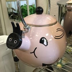 Vintage Kamenstein pink pig enamel metal whistling tea kettle for