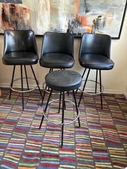 3 Vtg Atlas Specialty Black Vinyl Bucket Seat Bar Stools+1 Daystrom Bartender Stool MCM Chicago