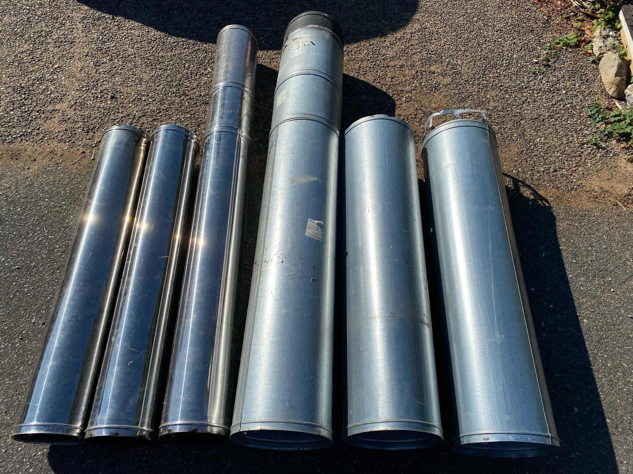 Chimney pipes  Galvanized 12" diameter and Stainless steel 8" diameter: 47.5" (3 pieces), 17.5" and 10.5" Galvanized cap for 8" pipe