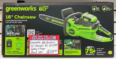 Greenworks 60V Brushless 16” Chainsaw Kit W/ 2.5AH Battery & Charger Brand New
