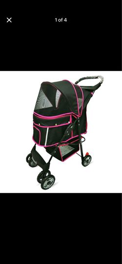 Foldable Pet Stroller 4 Wheel Black & Pink Trim