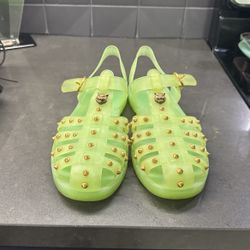 Gucci Lime Green Rubber Studded Jelly Sandals – Gold Tiger Detail
