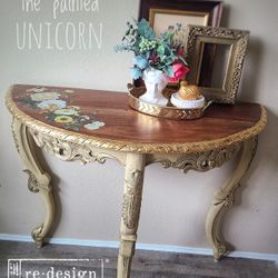 Refinished Floral Demi Lune Side Hallway Table