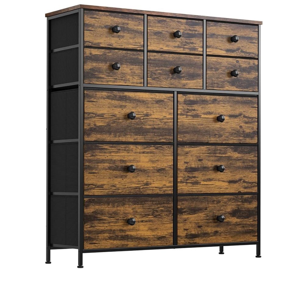 TH0070 Dresser for Bedroom with 12 Drawers, Chest of Drawers, Steel Frame, Wooden Top, Large Capacity Organizer Tower Living Room Entryway Office, Ru