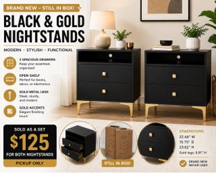 Brand New Black & Gold Nightstand – Still in Box