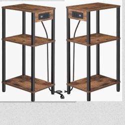 (5555-4) 2 Side Table with Charging Station, Tall End Tables Living Room, 30 Inch Skinny Night Stand with Storage,Small Bedside Tables for Bedroom, Of