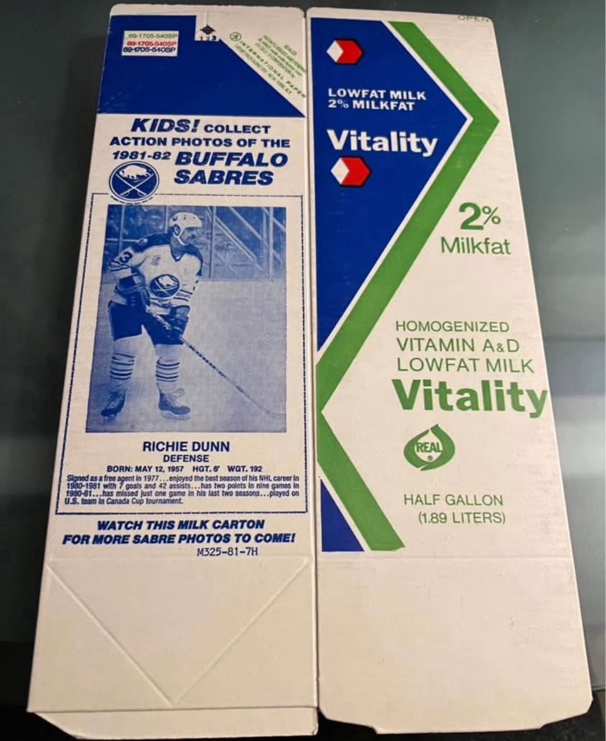 Buffalo Sabres Richie Dunn Old Flat Milk Carton