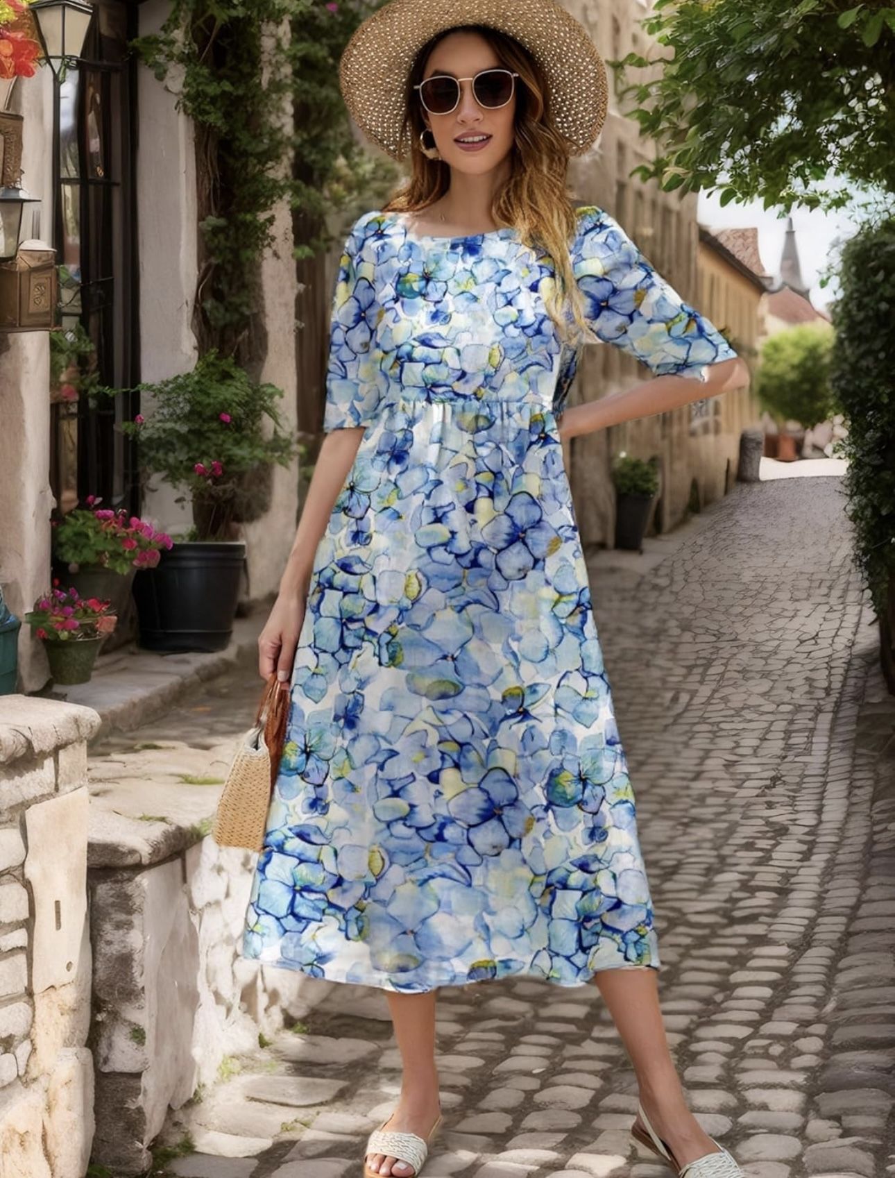 Blue flowers Floral Print Maxi Dress for Women Casual Short Sleeve Summer Dress Loose Fit Floral Dress  Size L  Brand new 