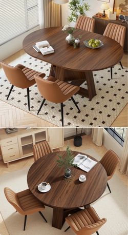 New Round To Oval Expandable Dining Table & Chairs Set, Space-Saving Dining Table With Hidden Storage Shelf, Includes 4 Upholstered chairs