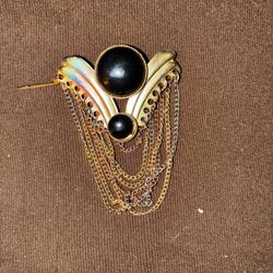 Deco Egyptian Revival Winged Brooch – Black Cabochon