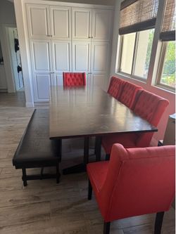 Large Expandable Dining Set (70"-86") - expandable table with 5 Red Tufted Chairs + Bench