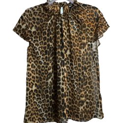 Express (M) Women’s Sheer Mesh Leopard Print Blouse Sz L Black Brown Ruffle NWT