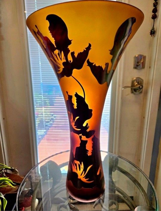 19.5" Tall Art Nouveau Amber Cameo Glass Vase Featuring Etched Design of Foliage And Birds 