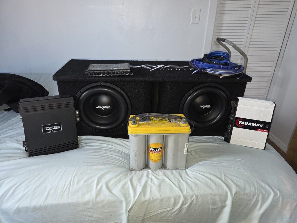 SKAR 10" SUBWOOFER 2400W Taramps3000WRMS, Ds18-3000W RMS FOR CHUCHERO BOX OR DOOR SPEAKERS, SKAR AUDIO 7 BAND EQ, Wire Kit, OPTIMA Batteries D51R