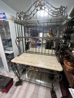 Vintage Bakers Rack with Faux Marble Top and Glass Shelves