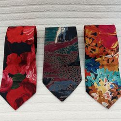 3 ITALIAN ALL SILK HAND MADE TIES MuIti Color:  Red Roses - Blue Maroon Abstract - Red Orange Blue Tropical Flowers - Excellent Condition Unisex VTG