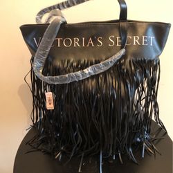 Rare Victoria’s Secret black Faux Leather extra-large flirty Fringe Tote Shoulder bag limit Edition 