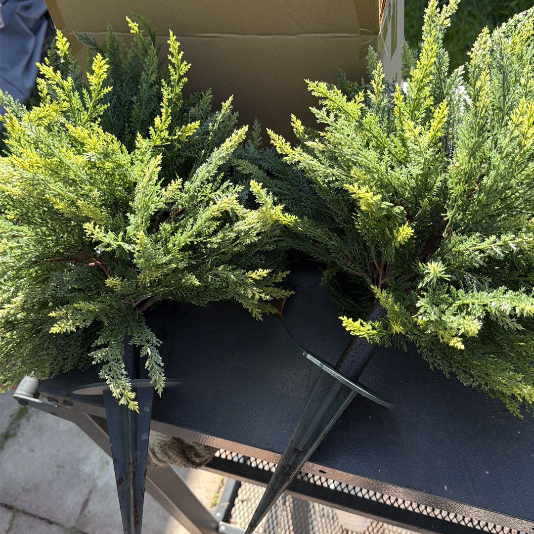 22 Inch Artificial Cedar Topiary Ball Trees, Set of 2 Outdoor UV Resistant Faux Plants with Ground Spike, Realistic Fake Pine Shrubs for Garden, Front