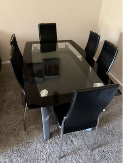 Black Glass Dining Table Set with 6 Chairs
