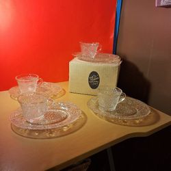Tiara Indiana  Glass 4 Clear Sandwich Snack Plate & Cup Set-$35.00