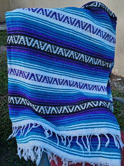 Turquoise Blue, Dark Purple, and White  Mexican Blanket