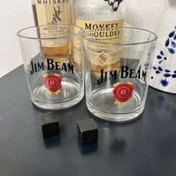 Jim Beam Bourbon Glasses Set of 2 w/ Whiskey Stones | Rocks Glass Barware
