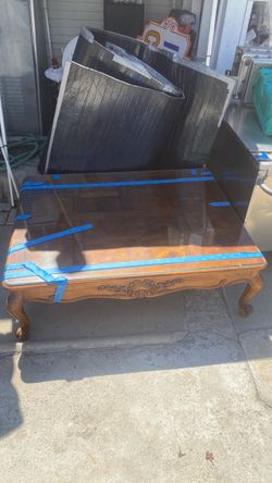 French Provincial Wood Coffee Table with Glass Top