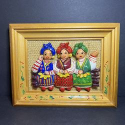 VTG 1990s Handcrafted 3D Slavic Ukranian Pottery Clay Women Folk Wall Art 7 x 9"