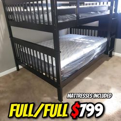 Full/Full Black Wooden Bunk bed w. Ortho Mattresses Included 