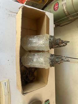 Vintage Pair Crystal Glass & Brass Hanging Pendant Ceiling Light Fixtures 1950's era
