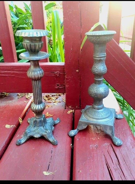 2 Mismatched Vintage Brass Candle Sticks