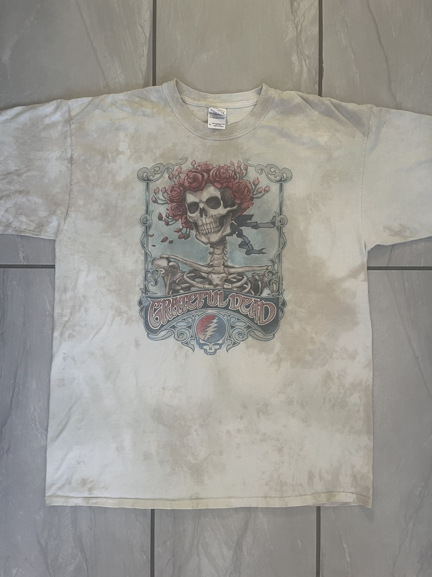Y2K 2009 Grateful Dead Skeleton Crew Neck T-Shirt Liquid Blue Sz XL Beige Bertha
