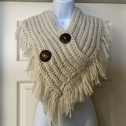 Ivory Tassel Shawl with Button Accents
