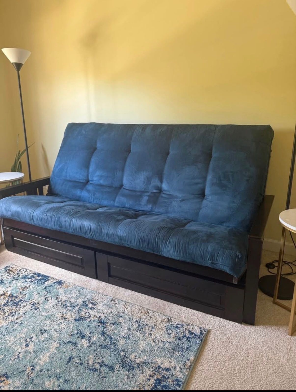 Queen-size Futon, Storage Drawers, Espresso Finish with Suede Navy Mattress