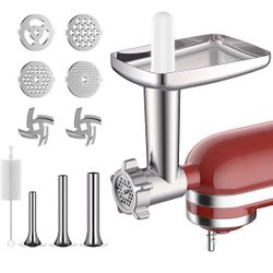 Meat Grinder for KitchenAid Mixer, All Metal Food Grinder with 4 Grinding Plates, 3 Sausage Stuffer Tubes, 2 Blades, Fast Grinding for Burgers S