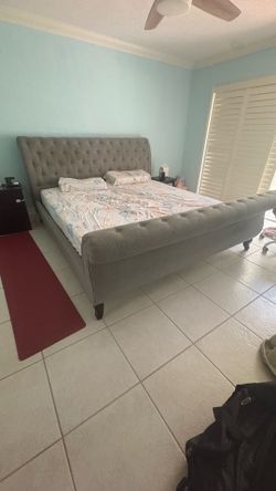 Gray Tufted Upholstered king Bed Frame Nectar mattress is included