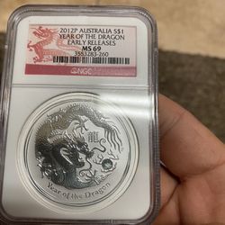 2012 1 Oz Silver Coin Austrilia Graded Coin Ms 69 And 5 Morgans 