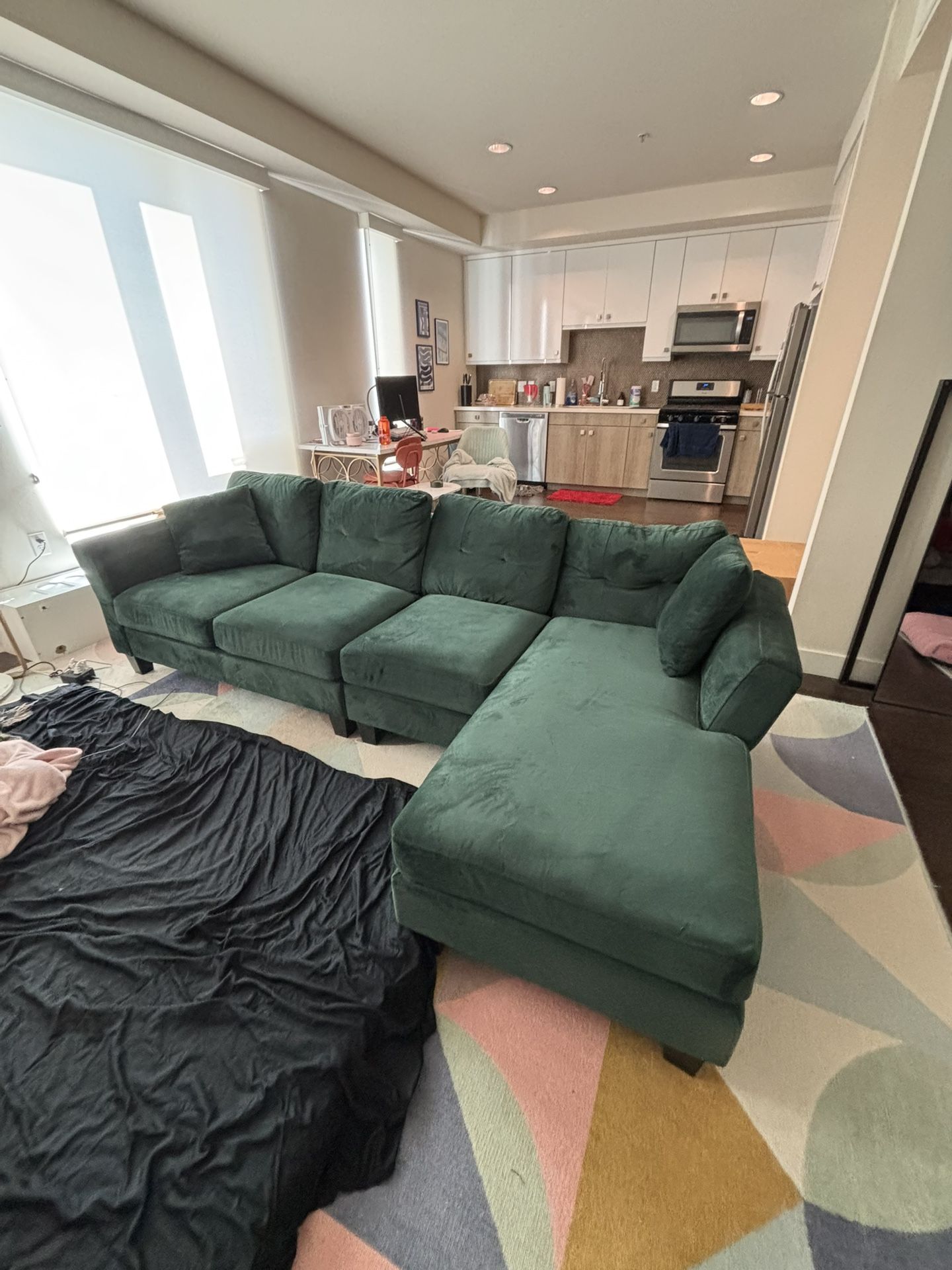 Green velvet couch L-shaped sofa with reversible chaise