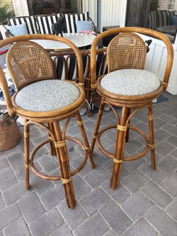 1960s Mid-Century Modern Upholstered Bamboo Swivel Bar Stools