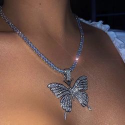 ICED OUT 925 sterling silver butterfly pendant with 18 inch or 20 inch cz stone necklace