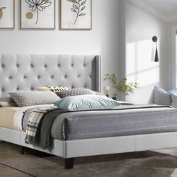 NEW Twin  Size Grey Platform Linen Fabric Bed Frame