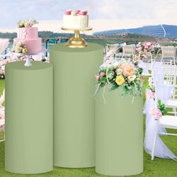 FUHSY Set of 3 Cylinder Covers Sage Green Cylinder Pedestal Stand Cover for Party Stretchy Fabric Spandex Round Plinth Covers Cylinder Display Box Sta